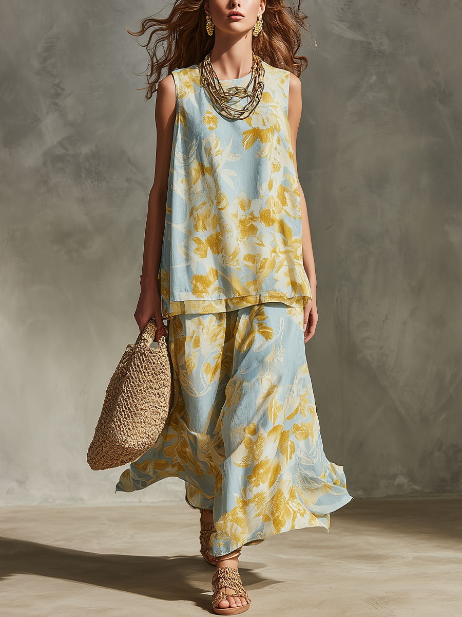 Lightweight And Flowy Vacation Style Printed Two Piece Dress