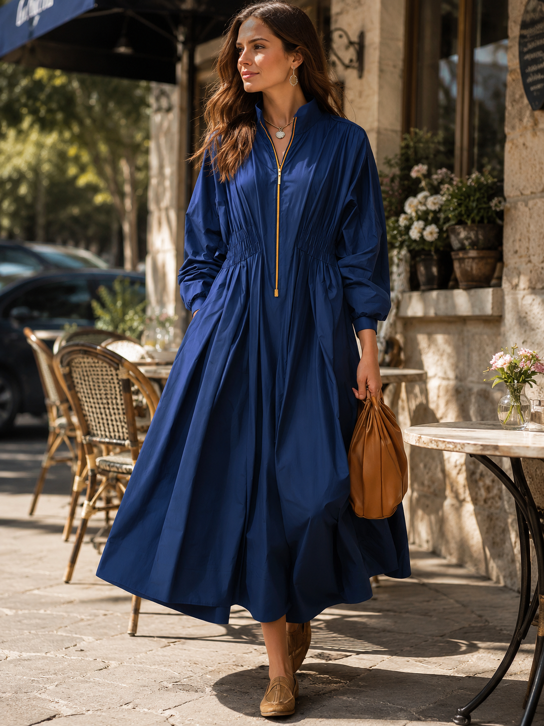 Women's Zip-Up Stand Collar Long Sleeve Cinched Waist Maxi Dress