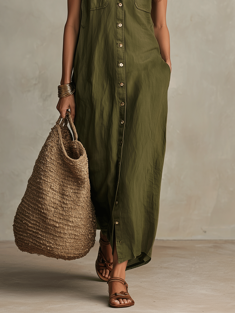 Effortless Olive Boho Button-Down Maxi Shirt Dress