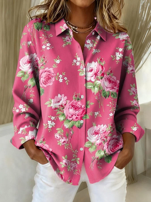 Women's Rose Floral Print Point Collar Button-Front Long Sleeve Shirt
