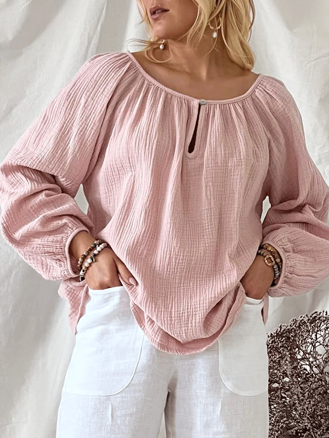 Solid Color Round Neck Cotton Linen Casual Shirt