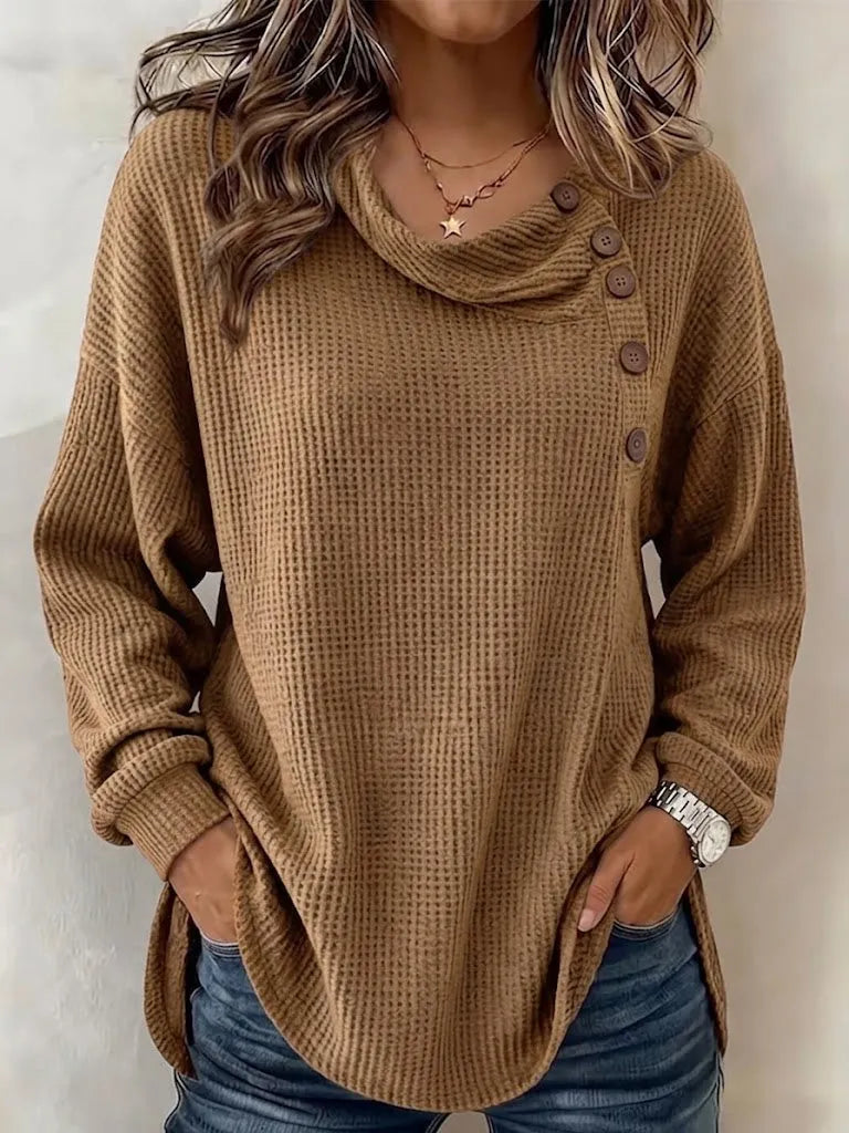 Women's Solid Color Waffle-knit Long-sleeve Button-down Casual Shirt / Comfortable Top