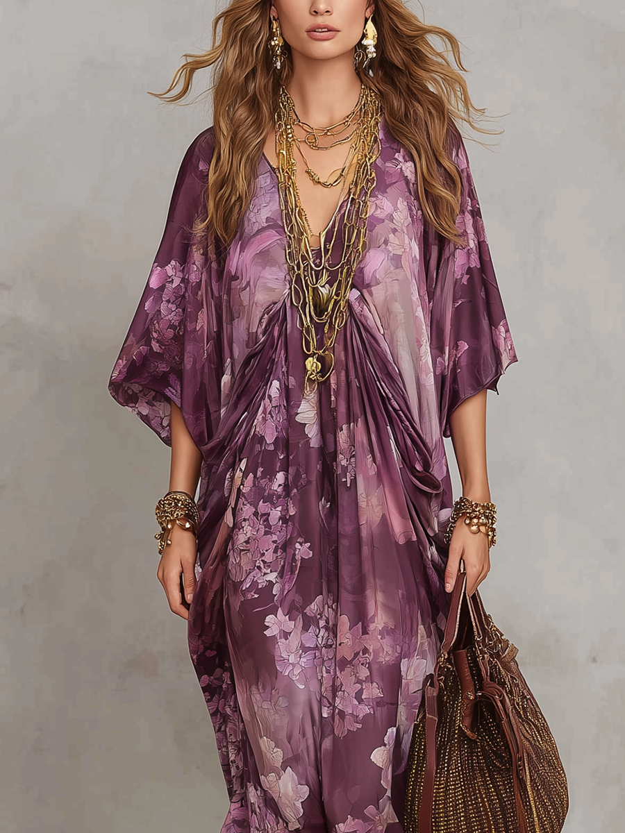 Vintage Purple Floral Bohemian Maxi Dress