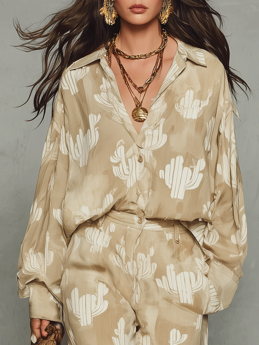 Effortless Bohemian Cactus Print Shirt & Wide-Leg Pants Set