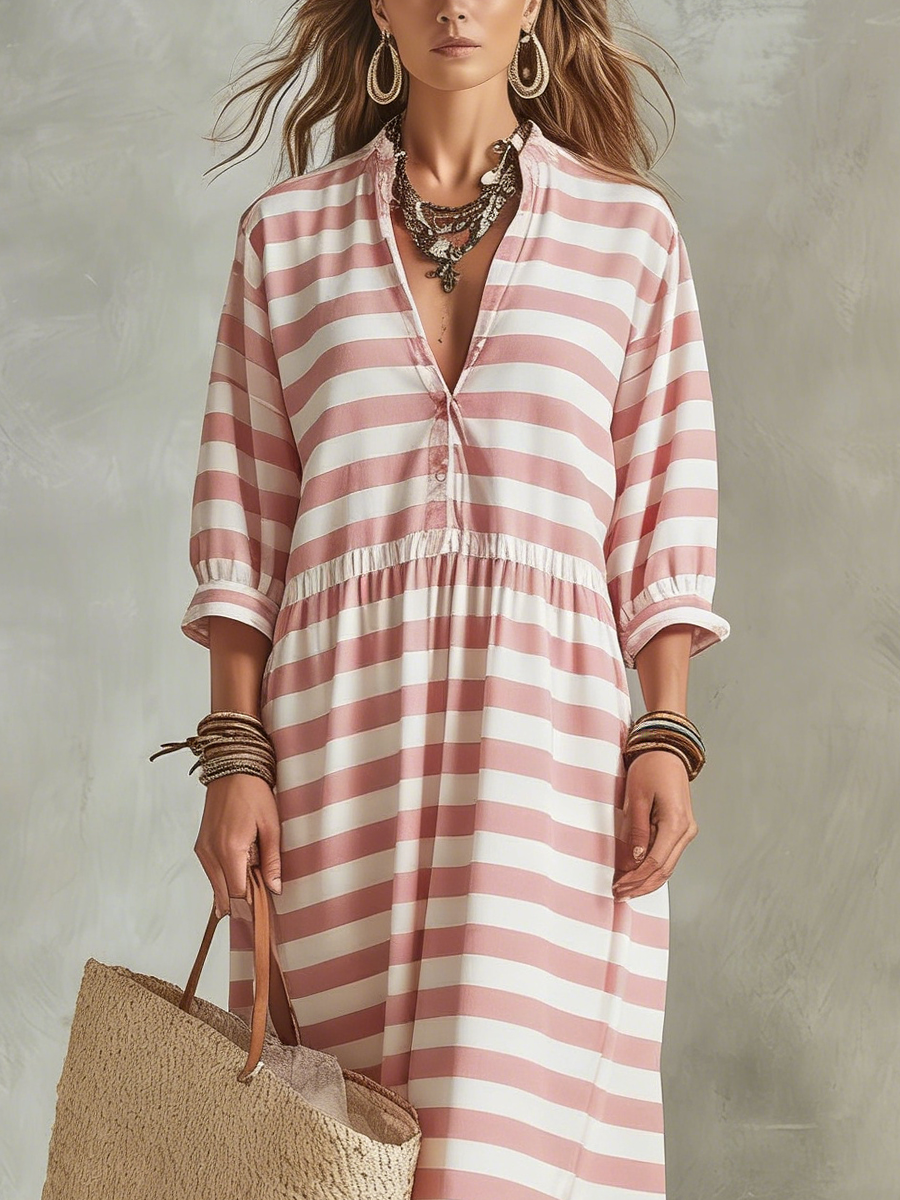 Pale Pink Striped Bohemian Style Maxi Dress