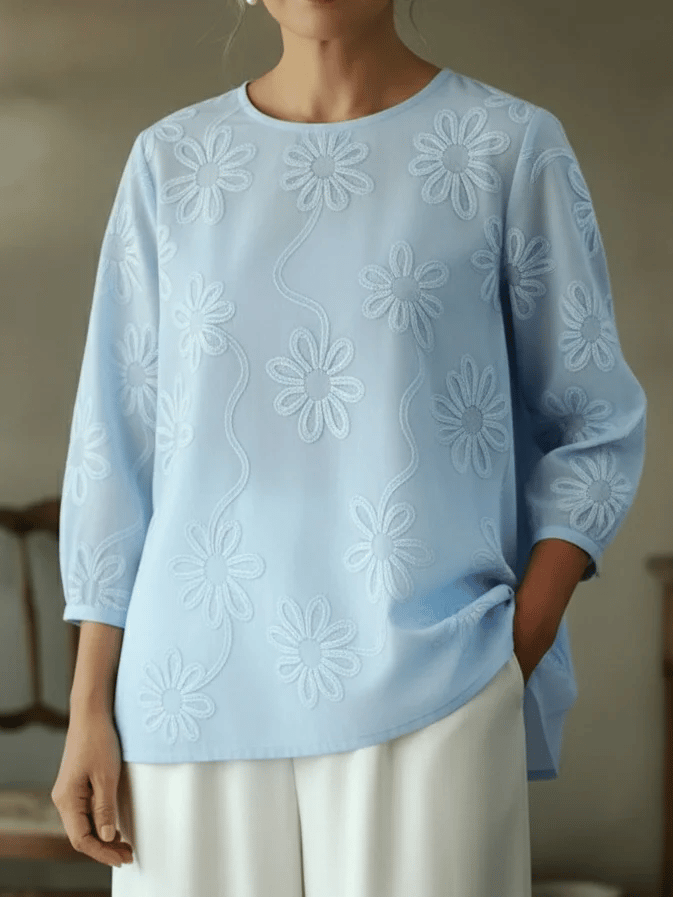 Women's Vintage Romantic Floral Embroidered Cutout Design Blouse Shirt