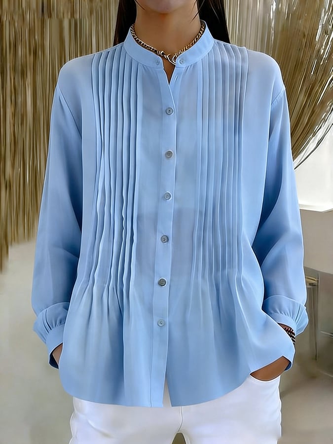 Women's casual retro pleated solid color shirt