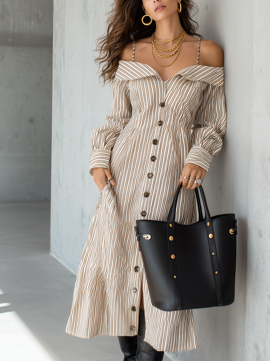 Elegant Striped Off-Shoulder Button Midi Dress