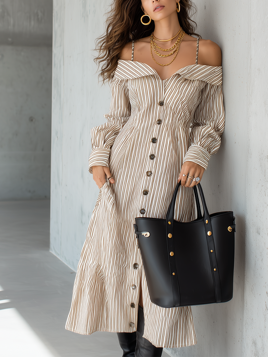 Elegant Striped Off-Shoulder Button Midi Dress