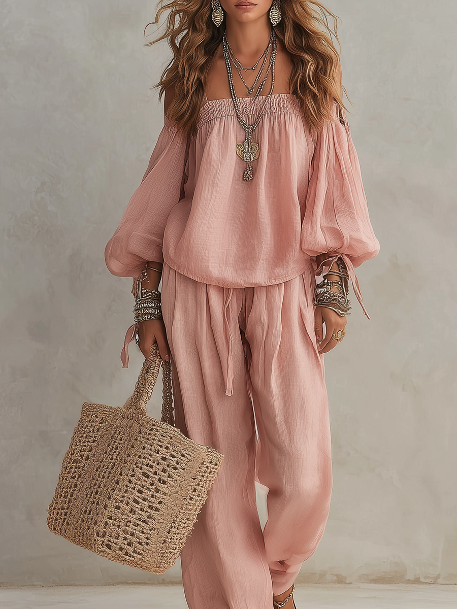 Vacation Style Soft Cotton Linen Pink Set With Lantern Sleeves