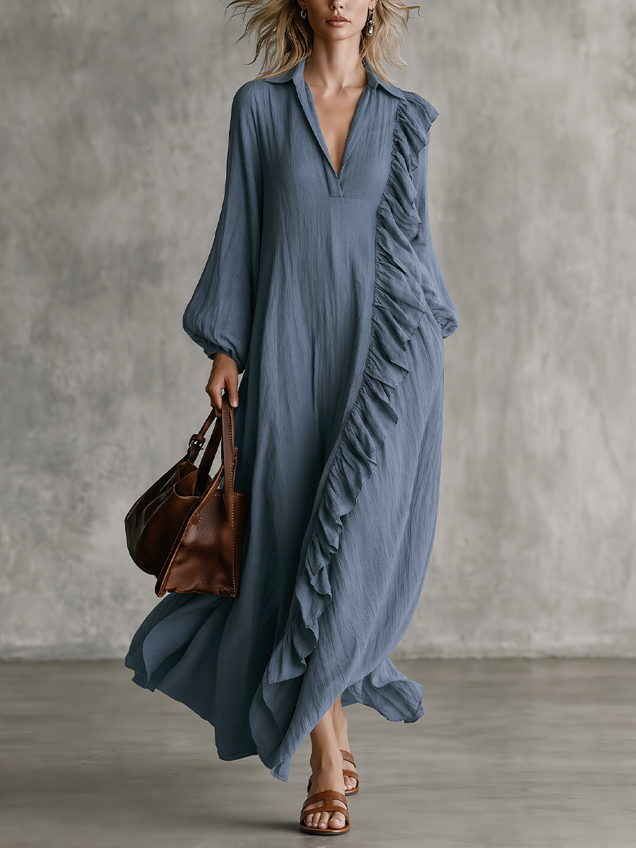 Ruffle Trim V-Neck Long Sleeve Maxi Dress