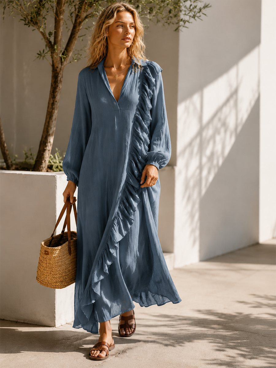 Ruffle Trim V-Neck Long Sleeve Maxi Dress