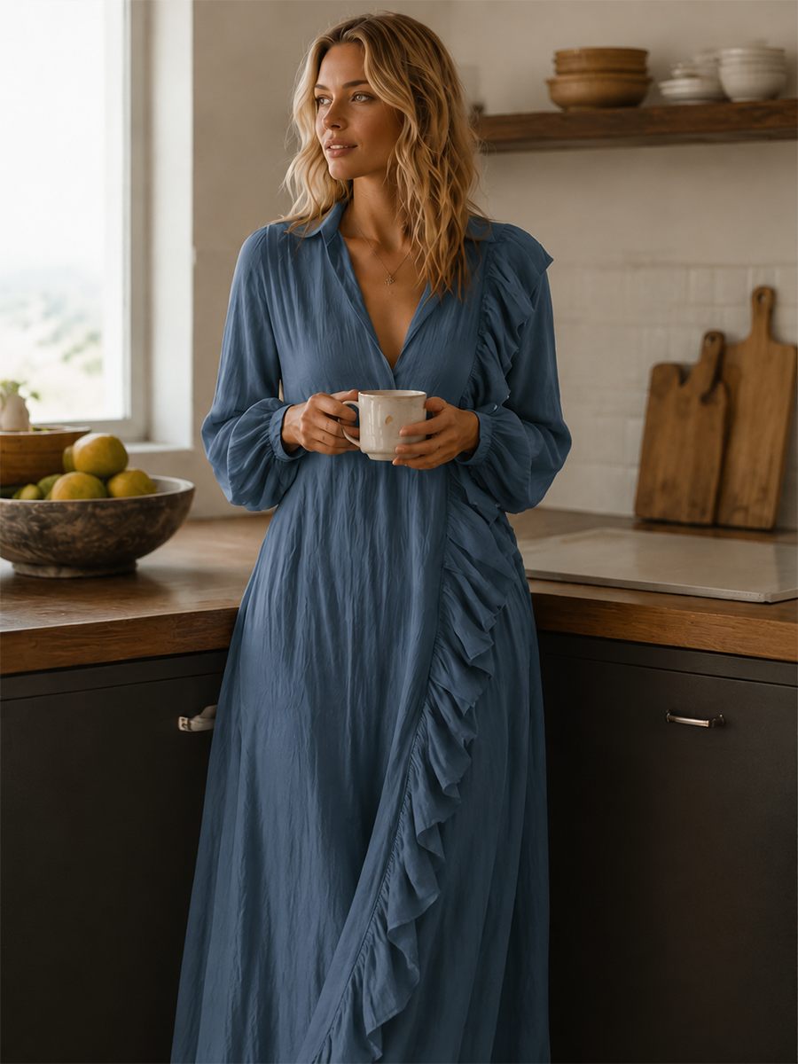 Ruffle Trim V-Neck Long Sleeve Maxi Dress