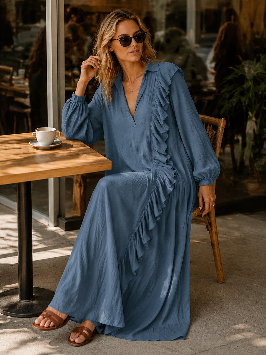Ruffle Trim V-Neck Long Sleeve Maxi Dress