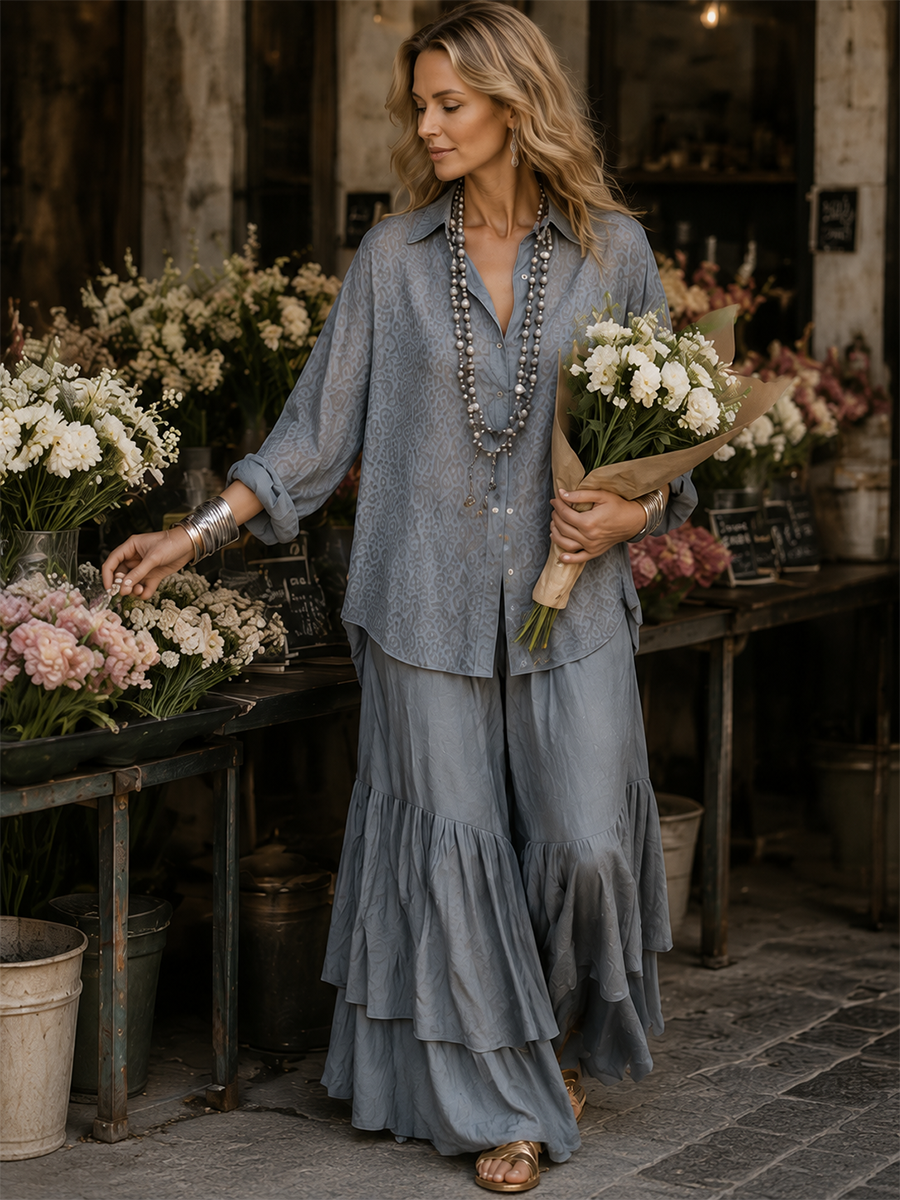 Women's Leopard Jacquard Oversized Shirt & Wide Leg Tiered Pants Two-Piece Set