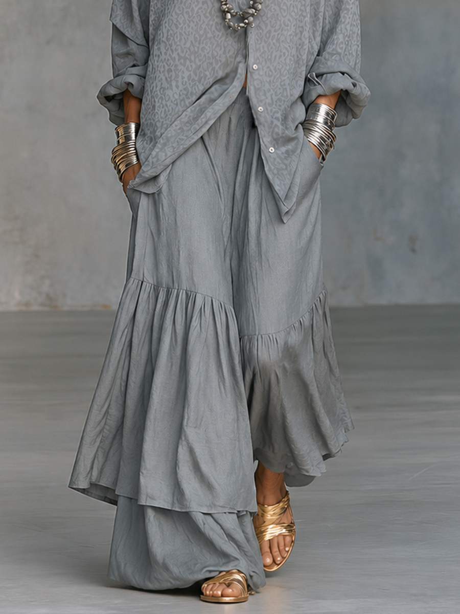 Women's Leopard Jacquard Oversized Shirt & Wide Leg Tiered Pants Two-Piece Set