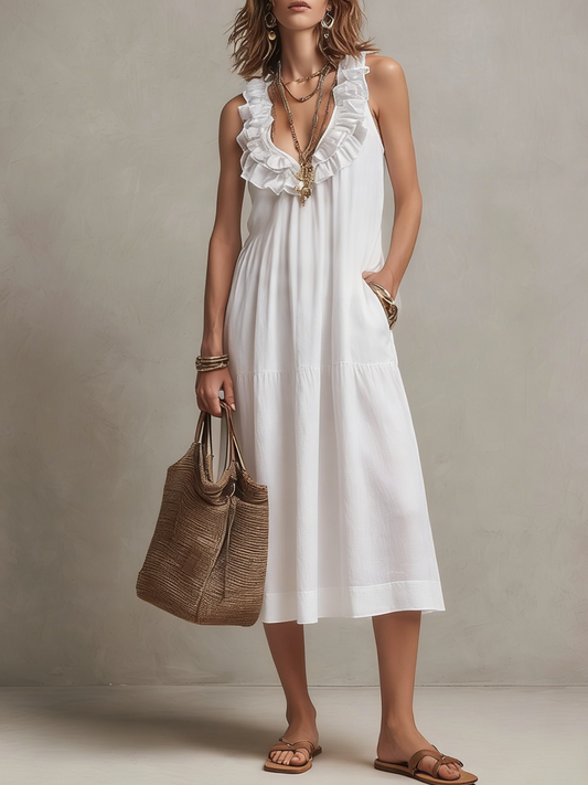 Casual White Ruffled V Neck Dress