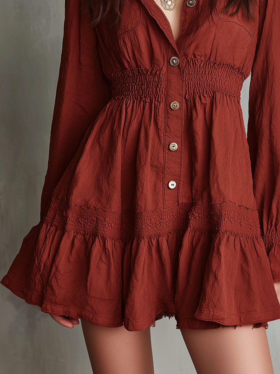 Romantic Boho Rust Red Ruffle Mini Dress