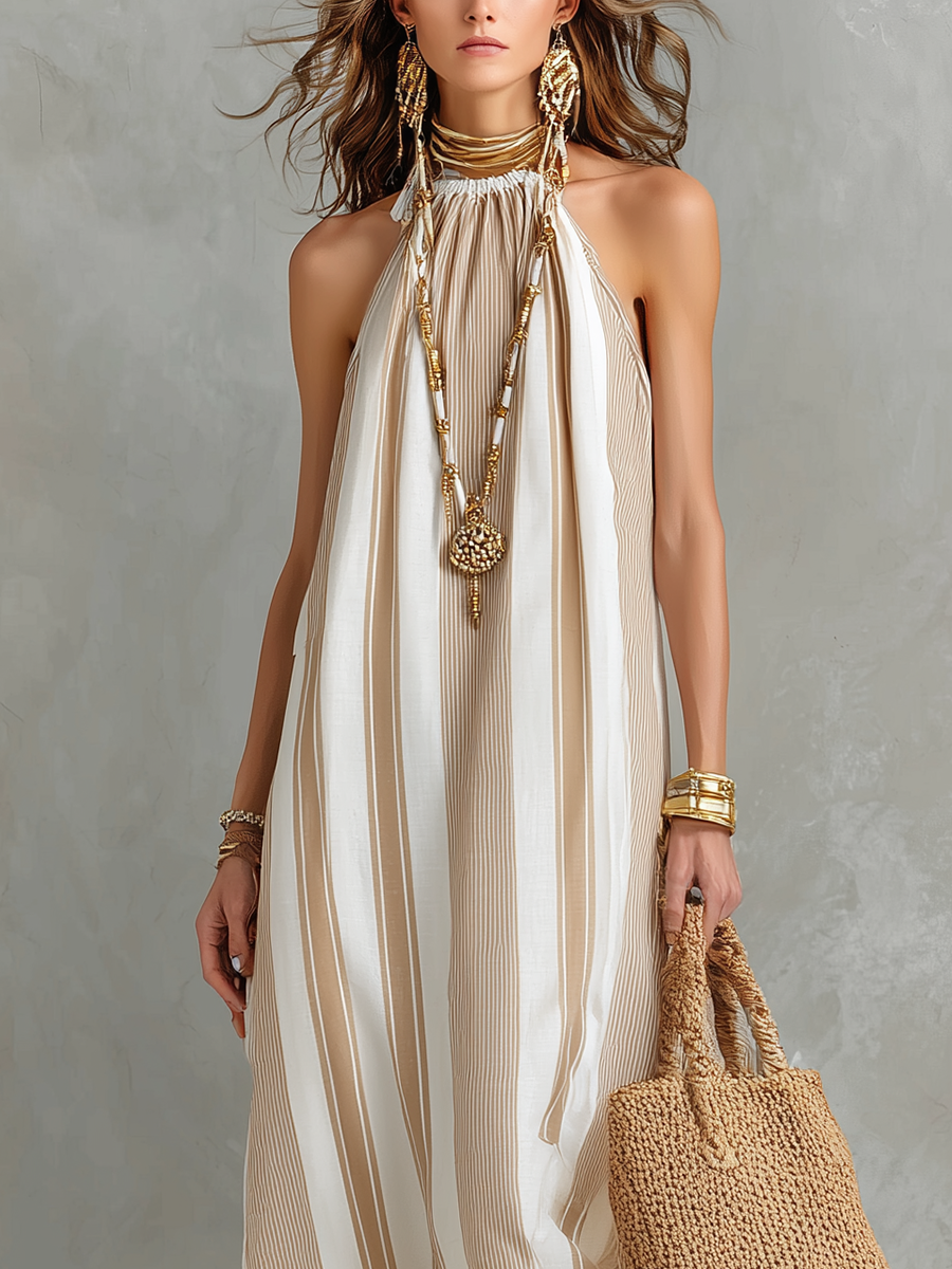 Sophisticated And Elegant Halter Neck Striped Maxi Dress