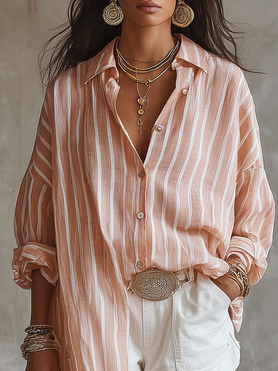 Relaxed Peach Striped Boho Button-Down Blouse And Short Set