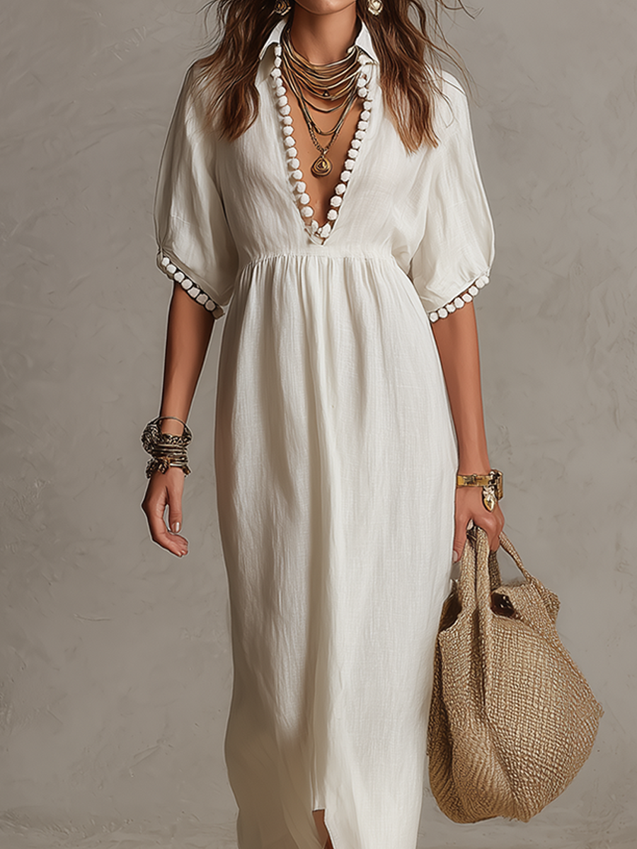Bohemian Style White Tassel Ball Detail Long Dress