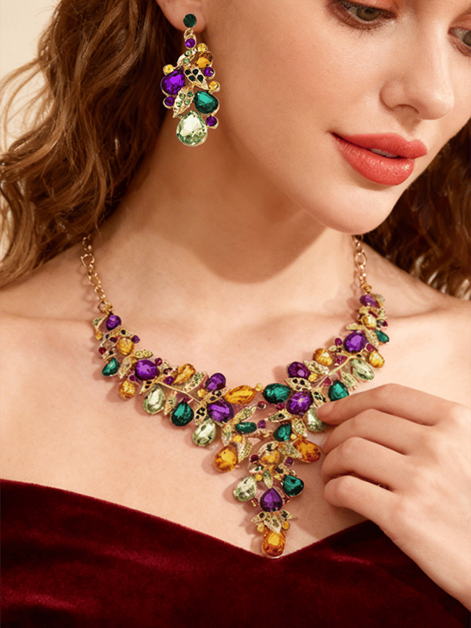 Mardi Gras Carnival Necklace And Earrings Set With Three-Color Rhinestones, Party Jewelry Set.