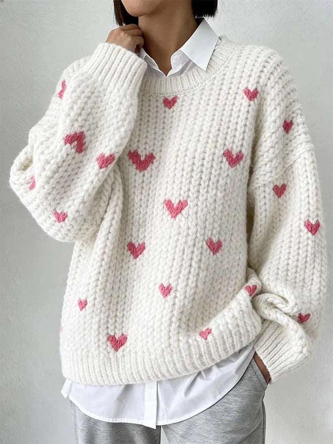 Women'S Casual Loose-Fitting Round-Neck Sweater With A Heart Design