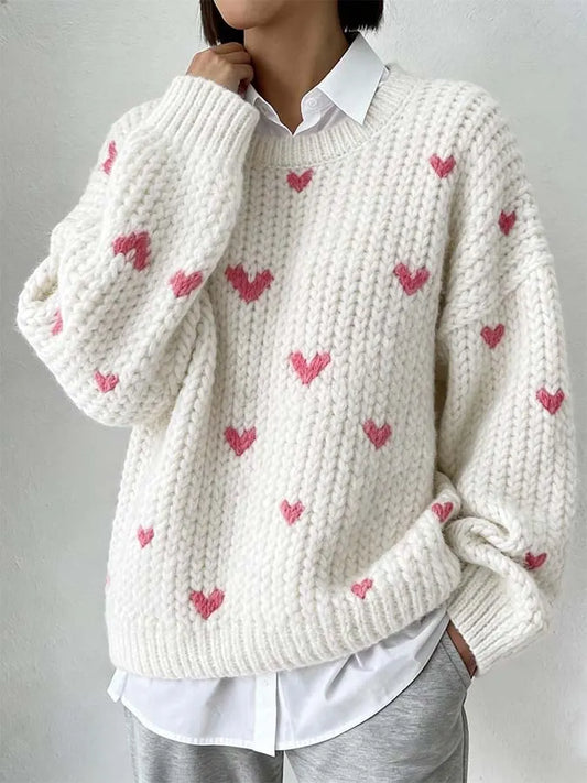 Women'S Casual Loose-Fitting Round-Neck Sweater With A Heart Design
