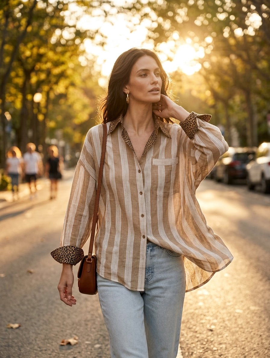 Modern Coastal Linen-Blend Striped Khaki Blouse