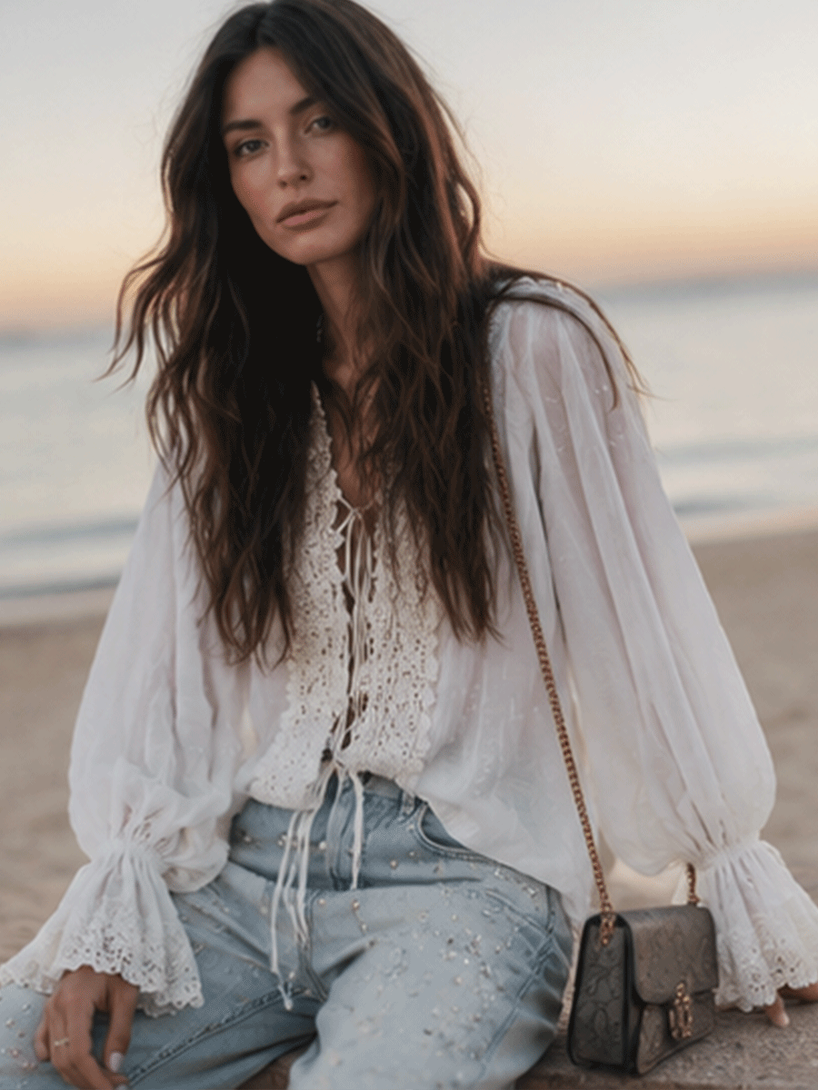 Romantic Boho Cotton-Gauze Crochet-Lace Tie-Front White Peasant Blouse