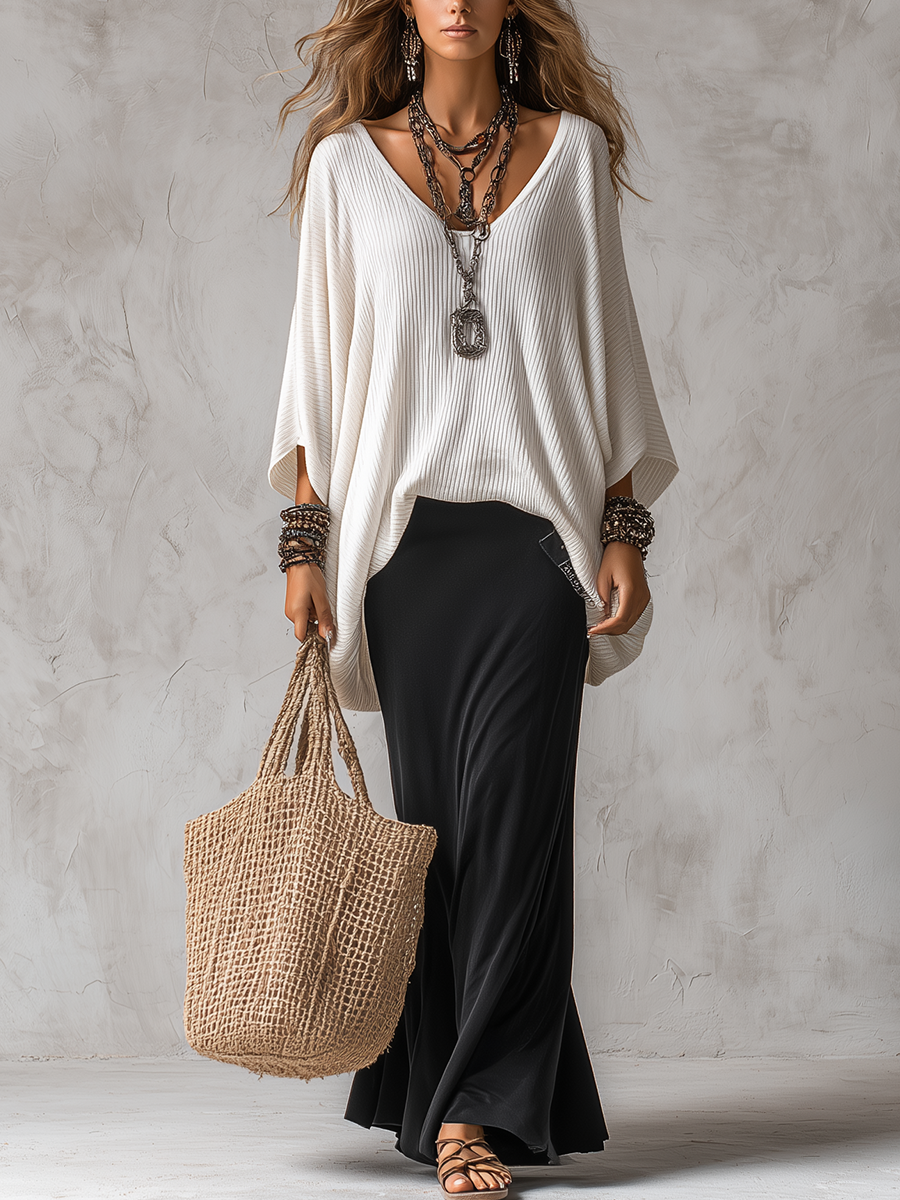 Creamy Ivory Loose Fit Knit Top And Black Long Skirt Set
