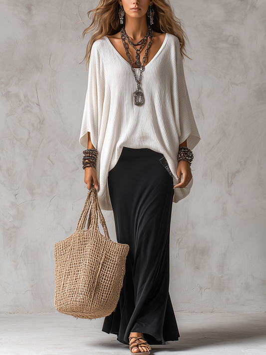 Creamy Ivory Loose Fit Knit Top And Black Long Skirt Set