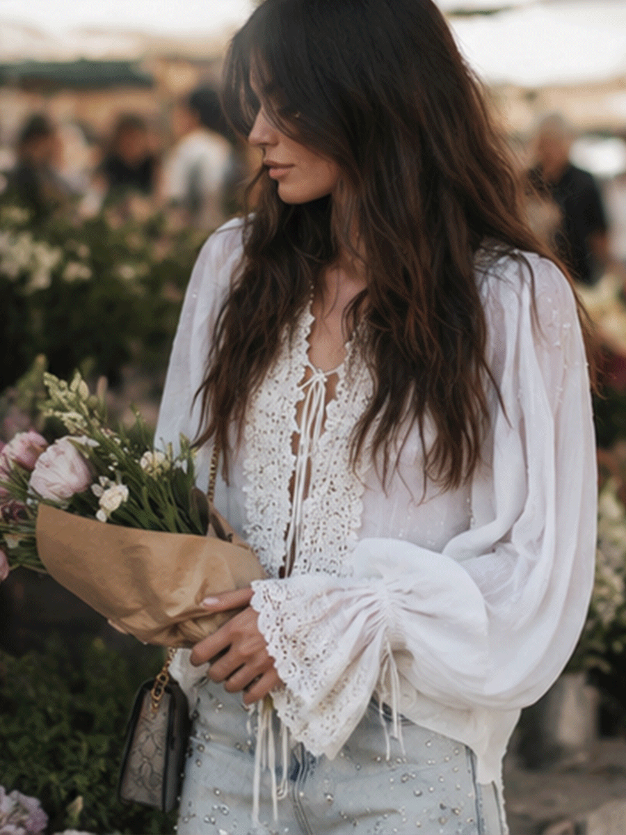 Romantic Boho Cotton-Gauze Crochet-Lace Tie-Front White Peasant Blouse