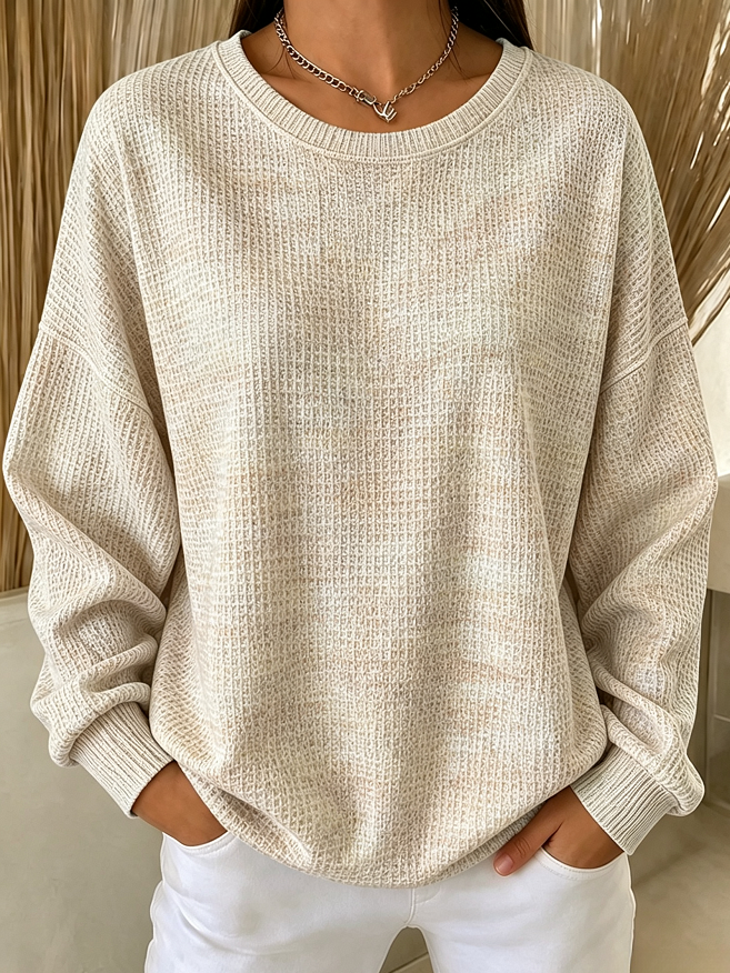 Women's Solid Waffle Knit Crew Neck Long Sleeve Oversized Sweatshirt