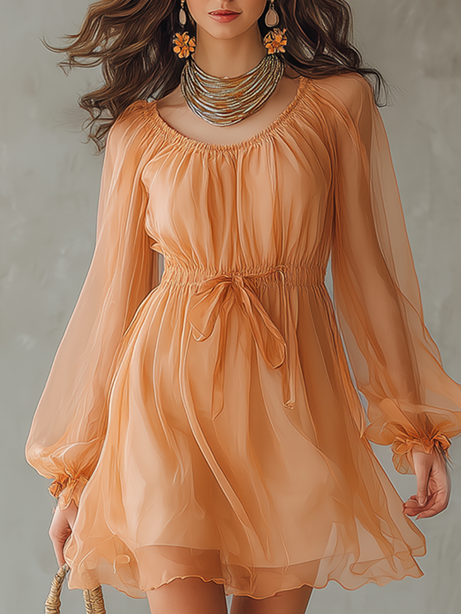 Orange Lightweight Chiffon Fitted Dress