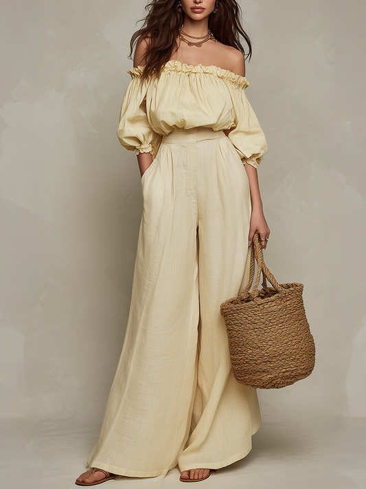 Romantic Off-Shoulder Puff-Sleeve Top & Wide-Leg Pant Set