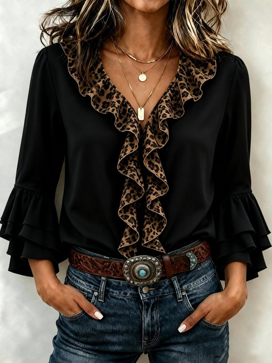 Women's Leopard Ruffle V-Neck Layered Bell Sleeve Blouse