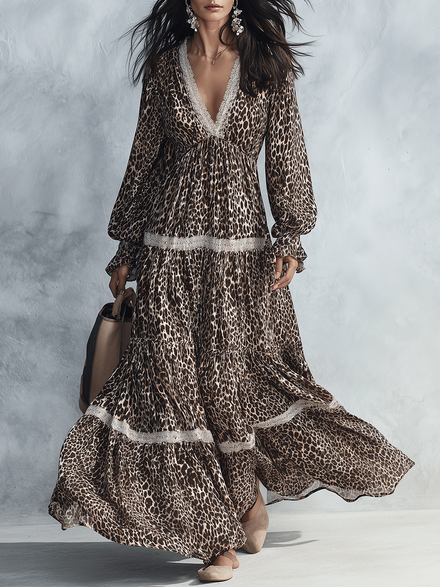 Leopard Print Lace Trim Deep V-Neck Long Sleeve Boho Maxi Dress