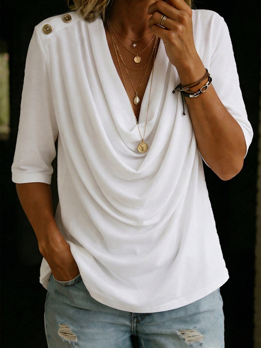 Elegant Cowl-neck Half-sleeve Cotton T-shirt