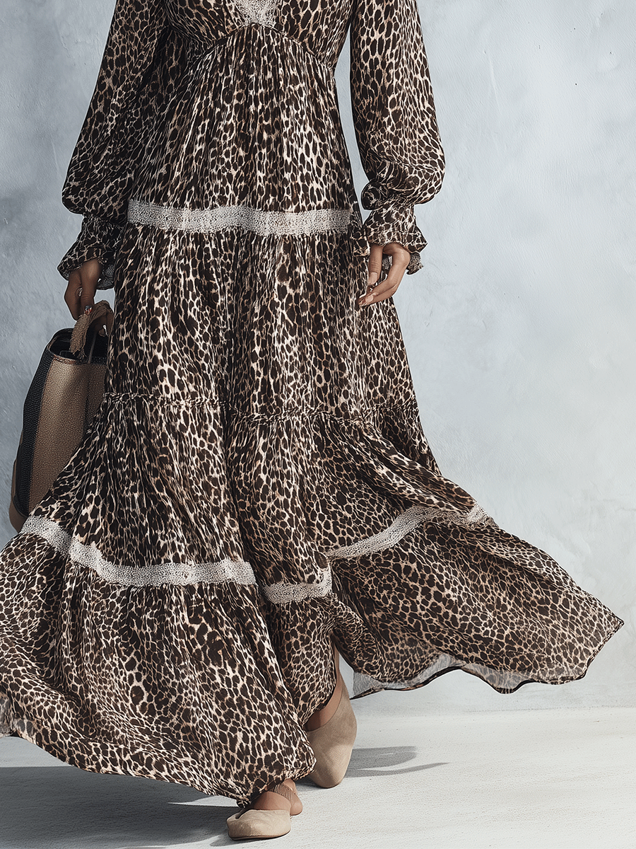 Leopard Print Lace Trim Deep V-Neck Long Sleeve Boho Maxi Dress
