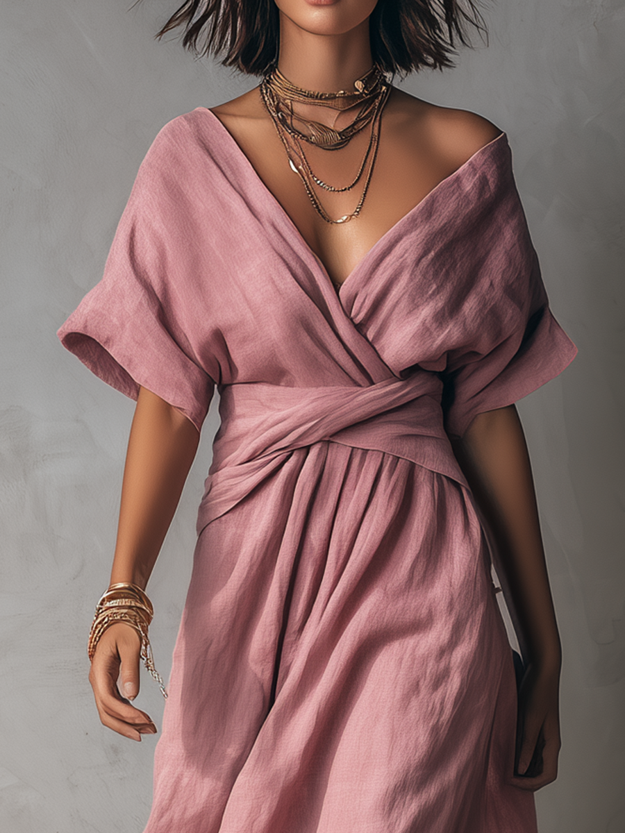 Elegant Wrap V-Neck Belted Maxi Dress