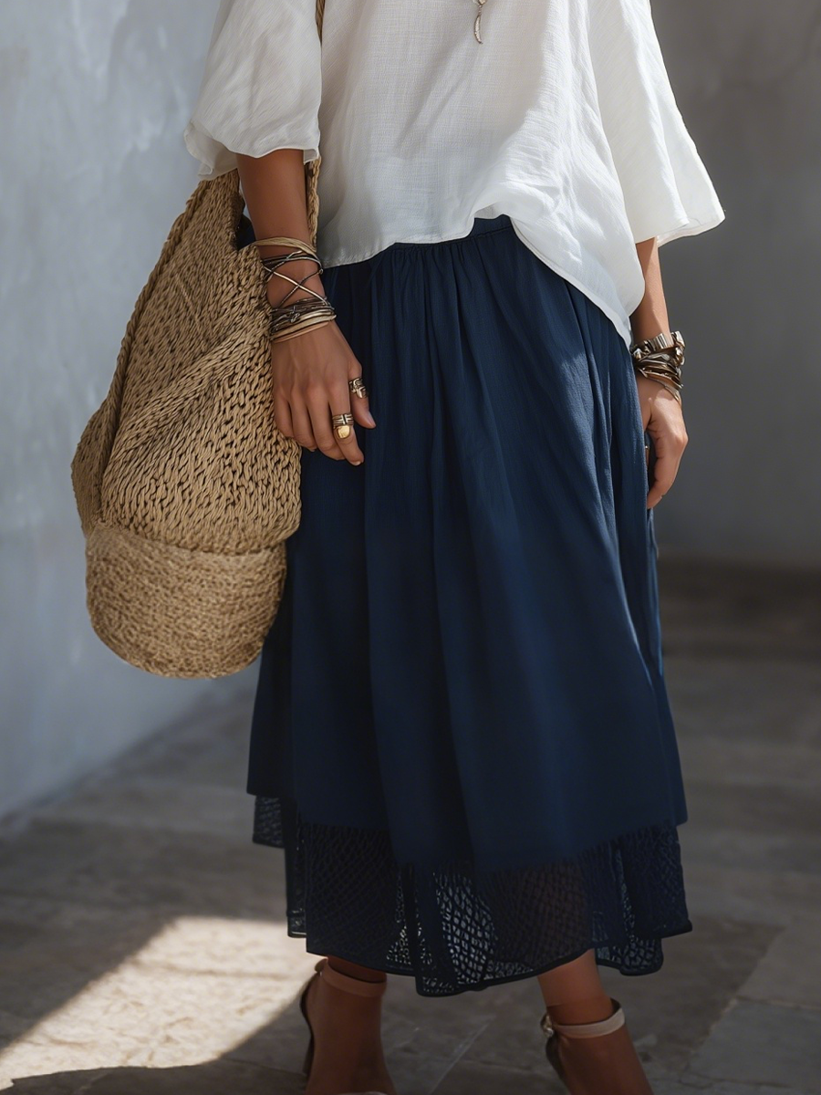 Bohemian-Style White Linen Top And Dark Blue Paneled Skirt Set