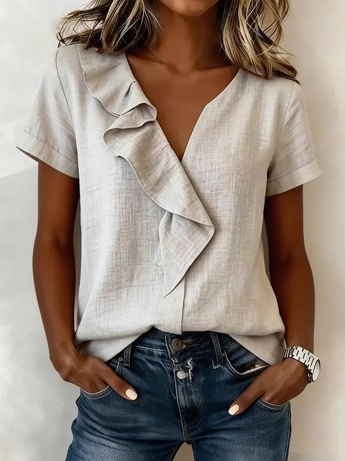 Women's Casual  Short-Sleeve Cotton-Linen Top