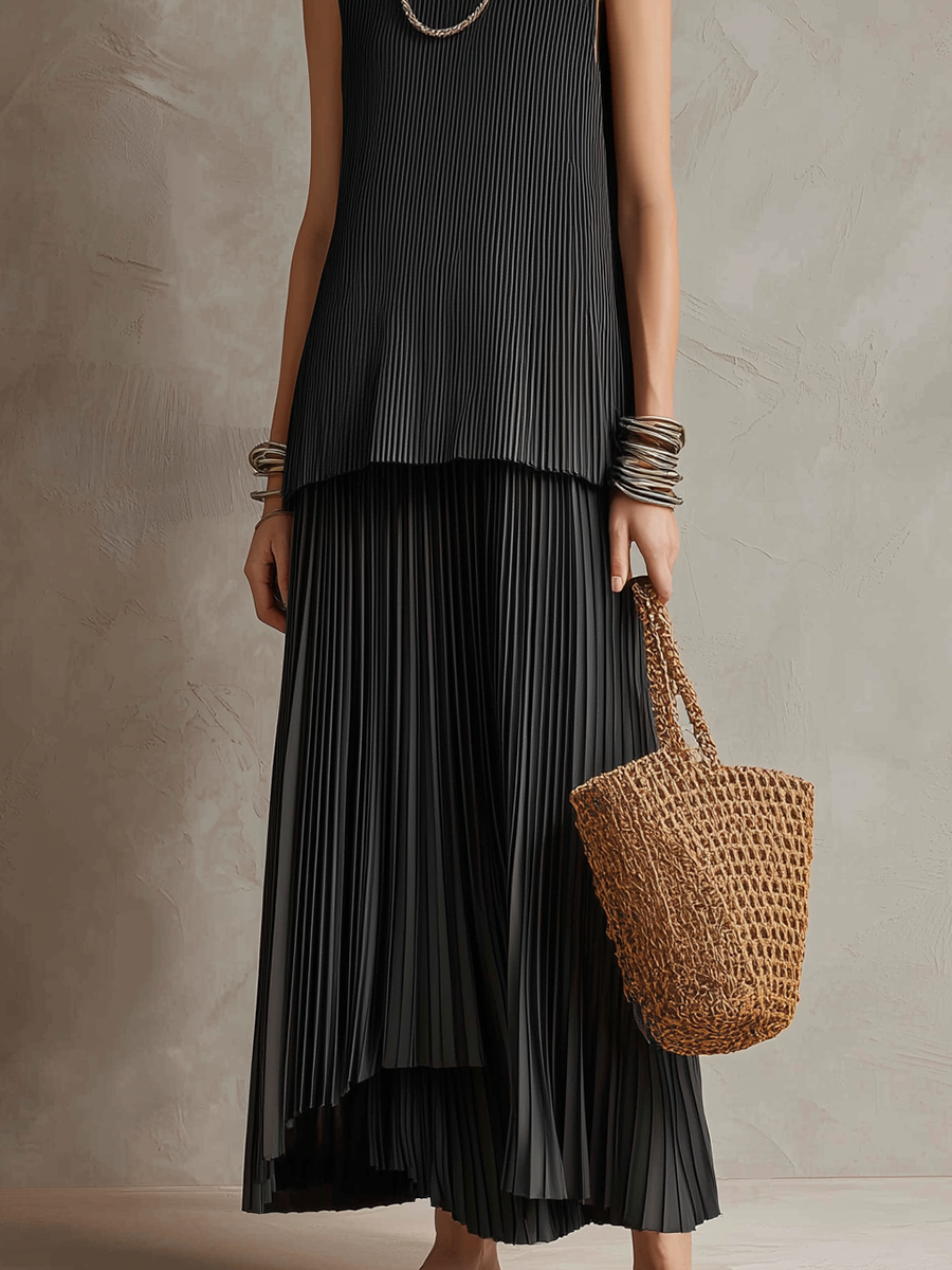 Black minimalist sleeveless top and flowing skirt set