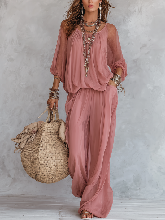 Elegant Light Rose Pink Flowy Top And Wide Leg Pants Set