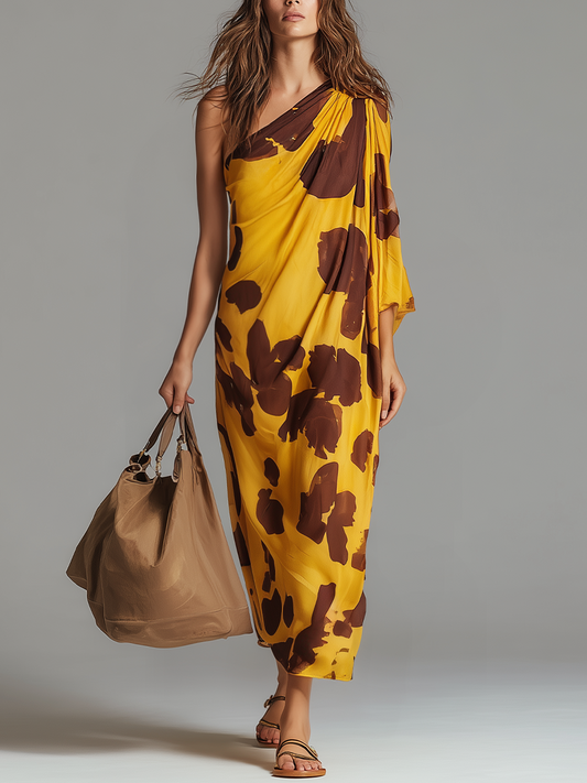 Elegant Abstract Print One-Shoulder Maxi Dress