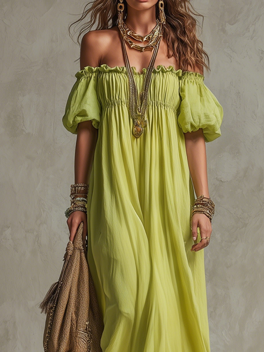Lime Bohemian Off Shoulder Smocked Maxi Dress