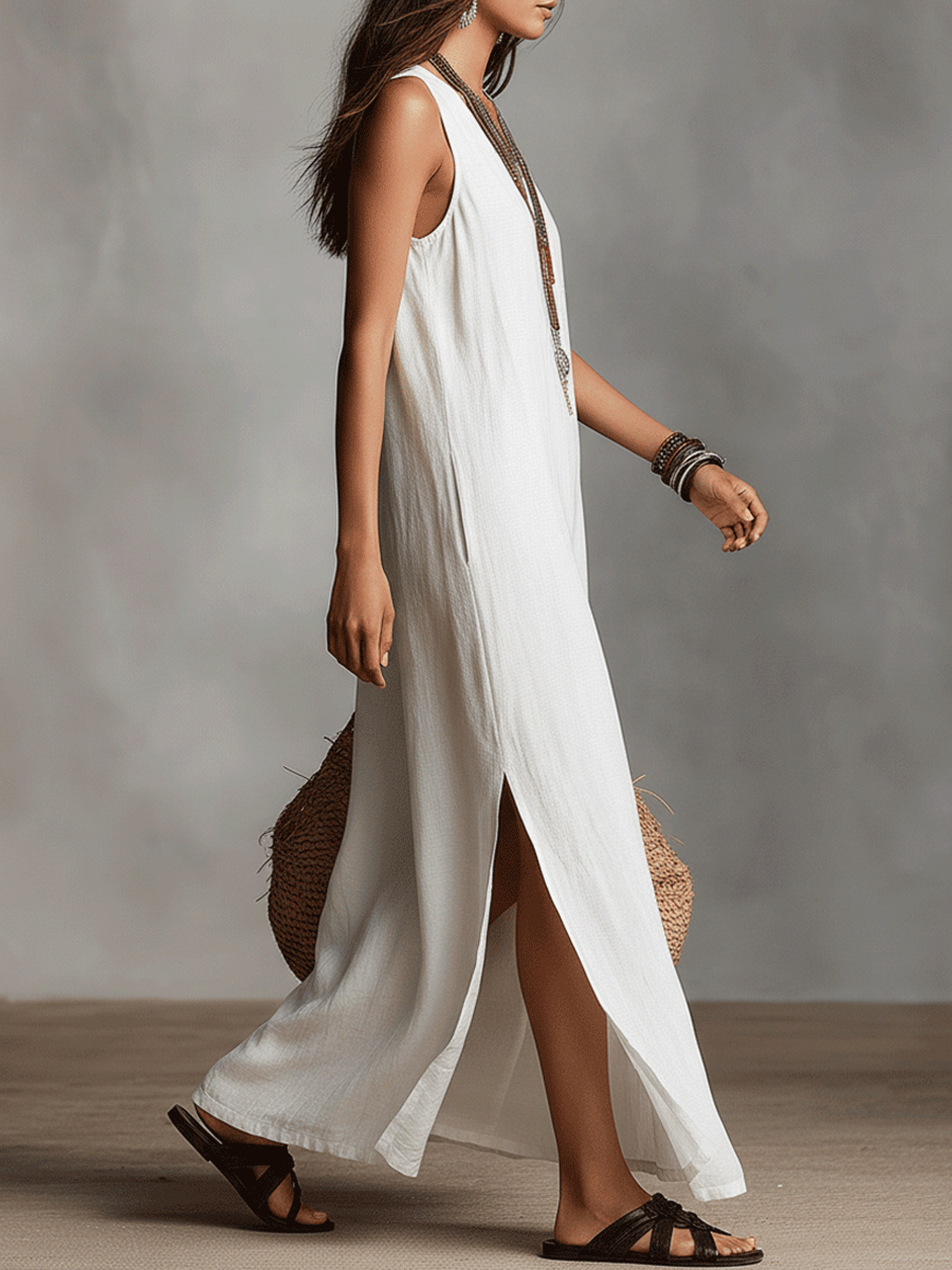 Chic White Sleeveless V-Neck Maxi Dress