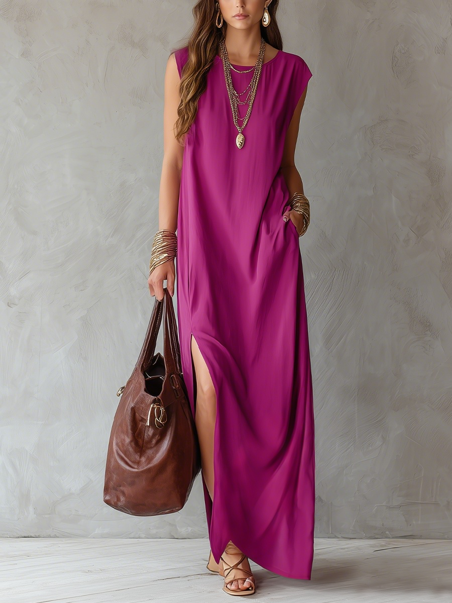 Purple Red Sleeveless Linen Side Slit Maxi Dress