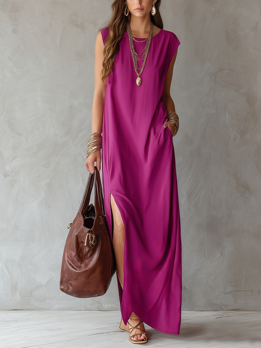 Purple Red Sleeveless Linen Side Slit Maxi Dress